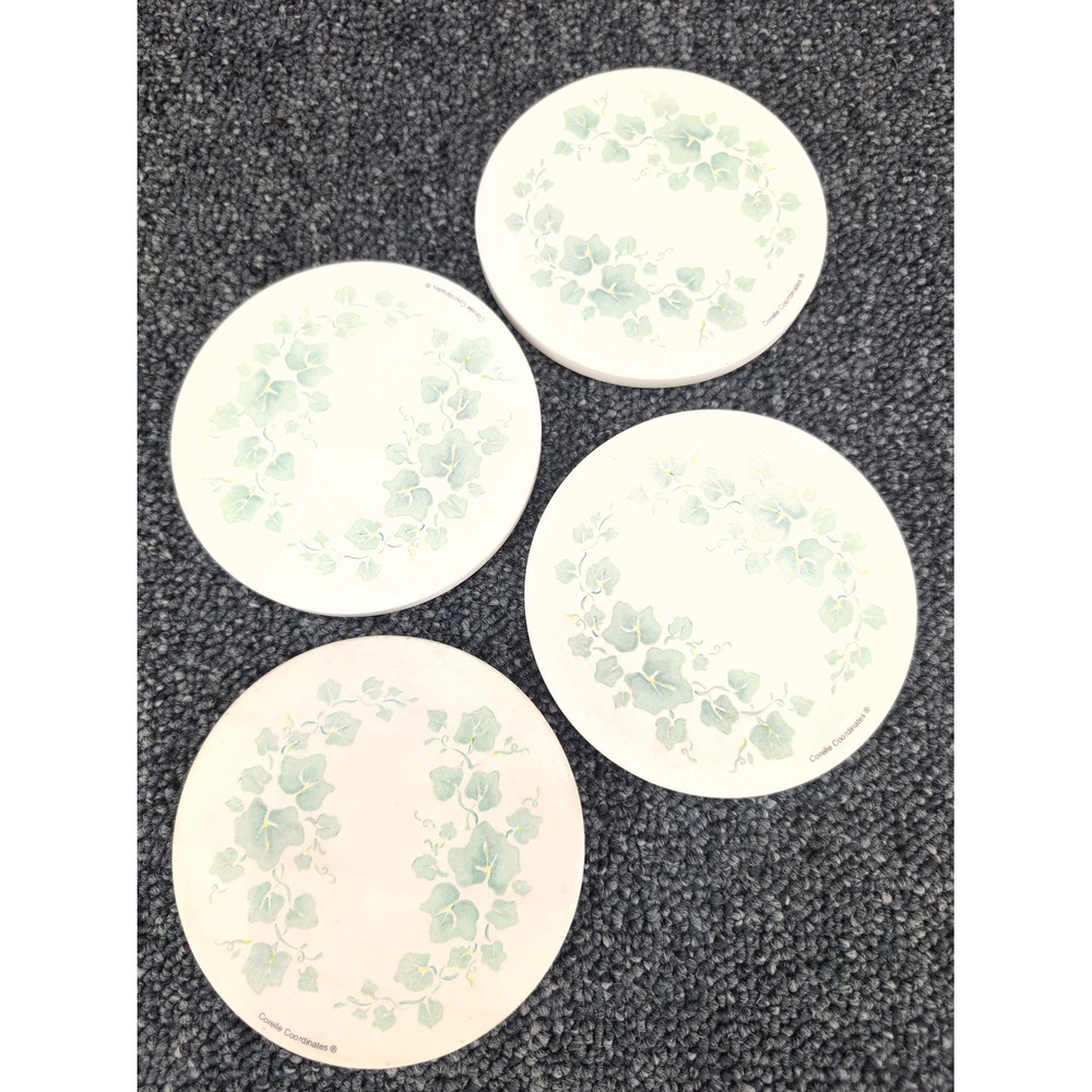 Corelle Coordinates Coasters White Green English Ivy Pattern Cork Back Set of 4